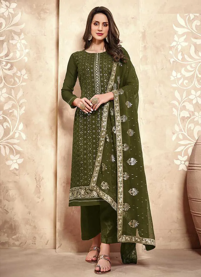 Green Straight Cut Embroidered Pant Style Suit