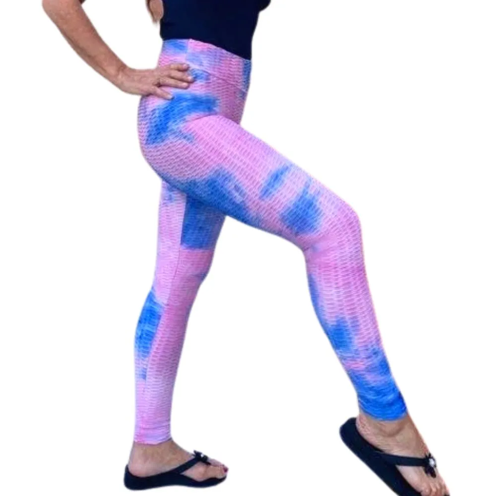 High Waist Tie Dye Butt Lifting Textured Workout Leggings (Pink/Violet)