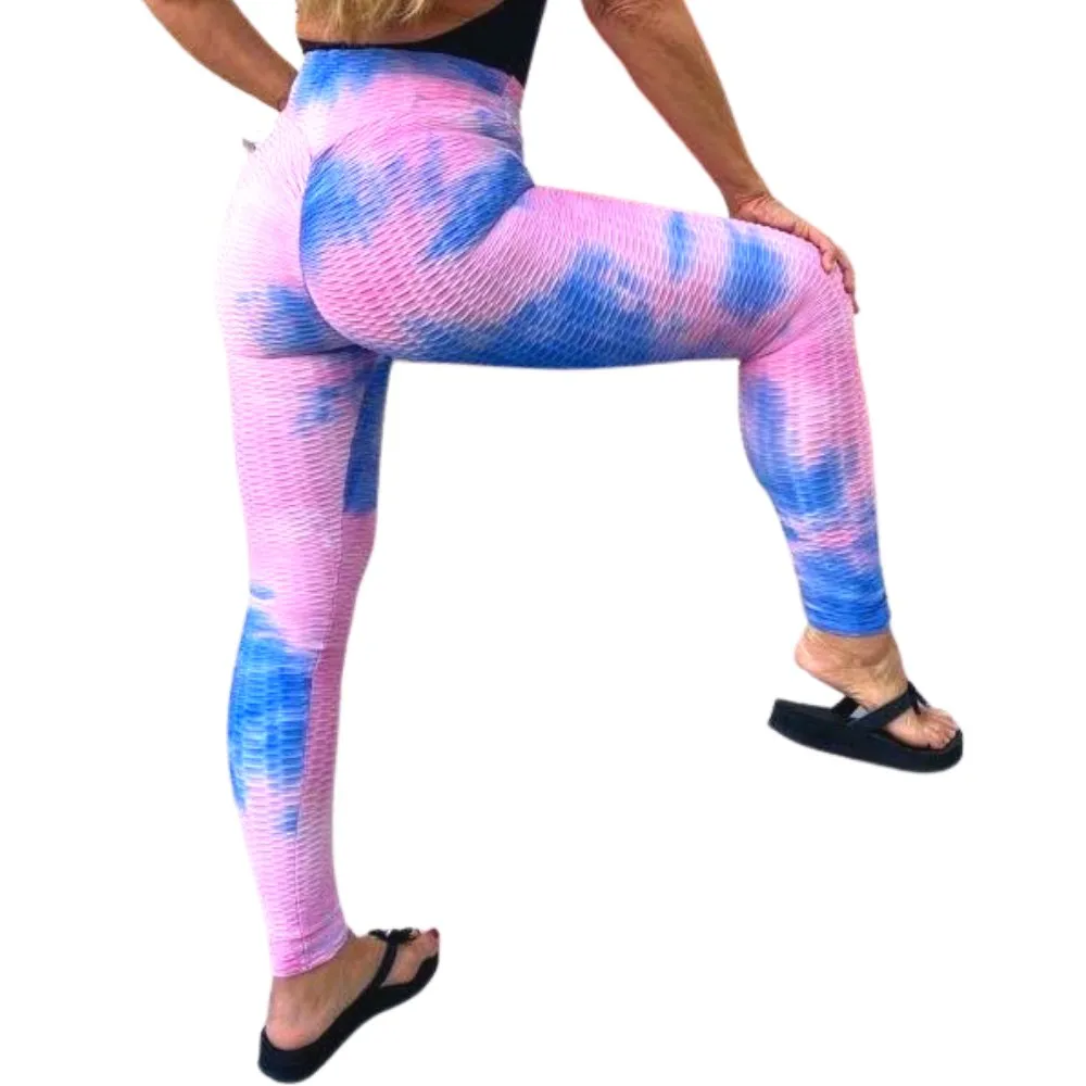 High Waist Tie Dye Butt Lifting Textured Workout Leggings (Pink/Violet)