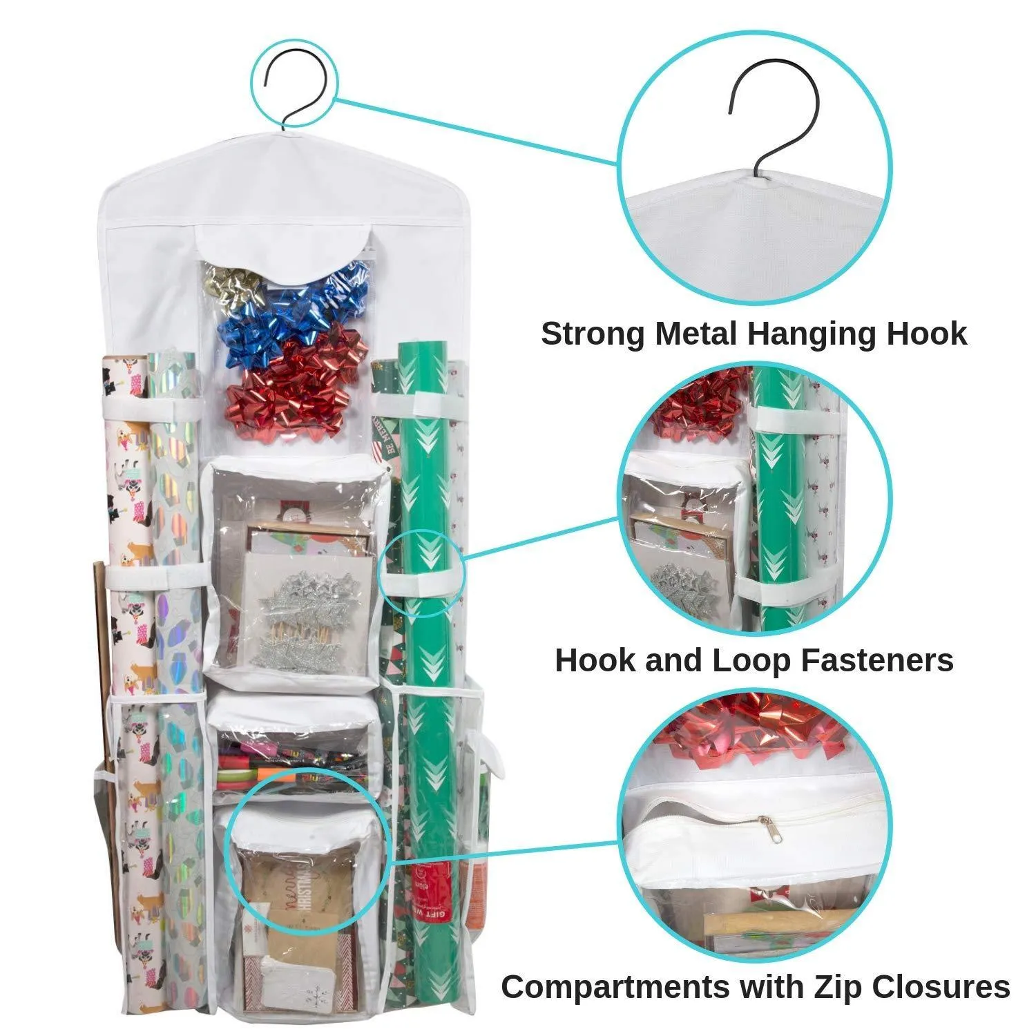 Houseables Wrapping Paper Storage, Gift Wrap Organizer, 10 Pockets, 43" x 17", White/Clear, Plastic, Home Closet Organization, Hanging Craft Holder, for Christmas Decorations, Ornaments, Ribbons