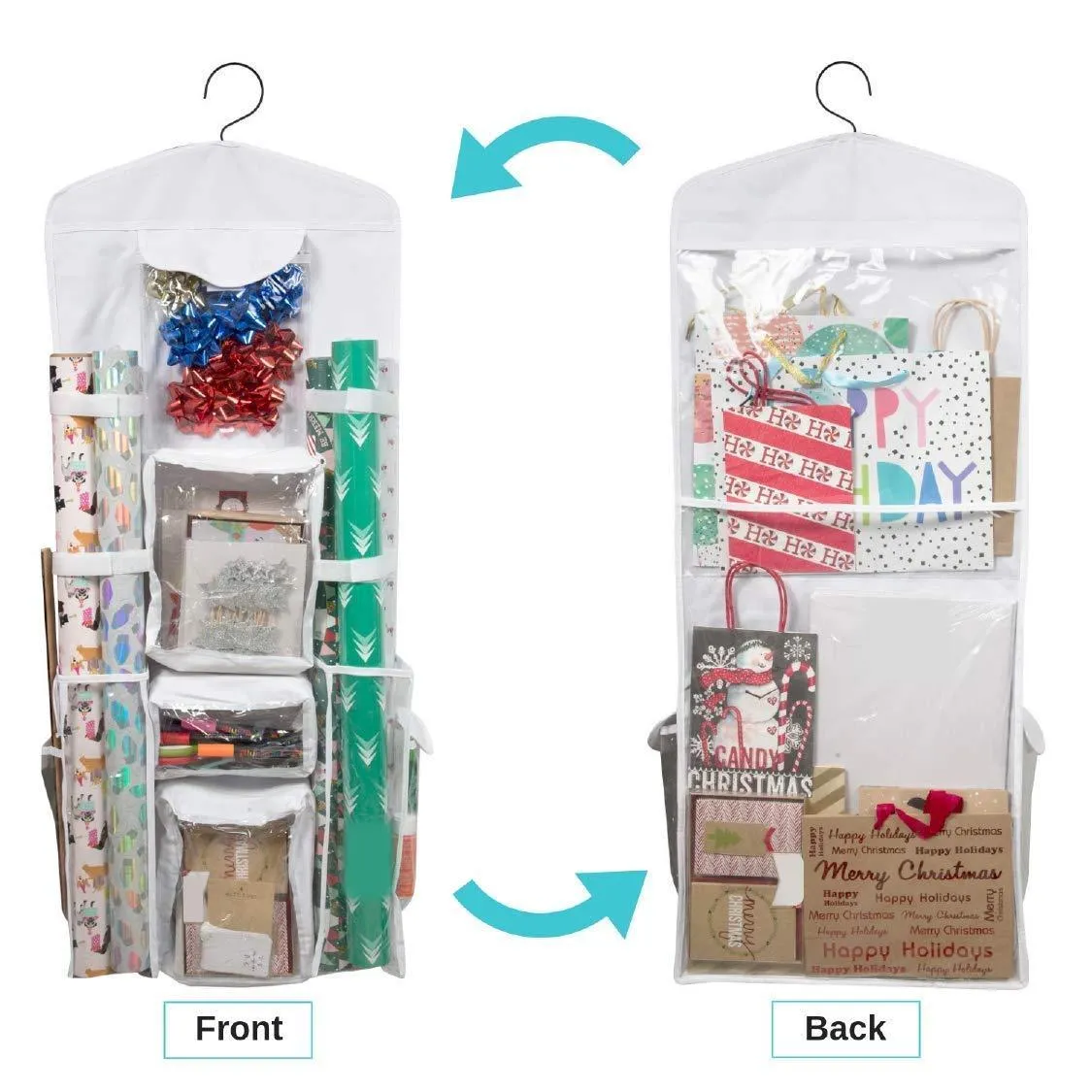 Houseables Wrapping Paper Storage, Gift Wrap Organizer, 10 Pockets, 43" x 17", White/Clear, Plastic, Home Closet Organization, Hanging Craft Holder, for Christmas Decorations, Ornaments, Ribbons