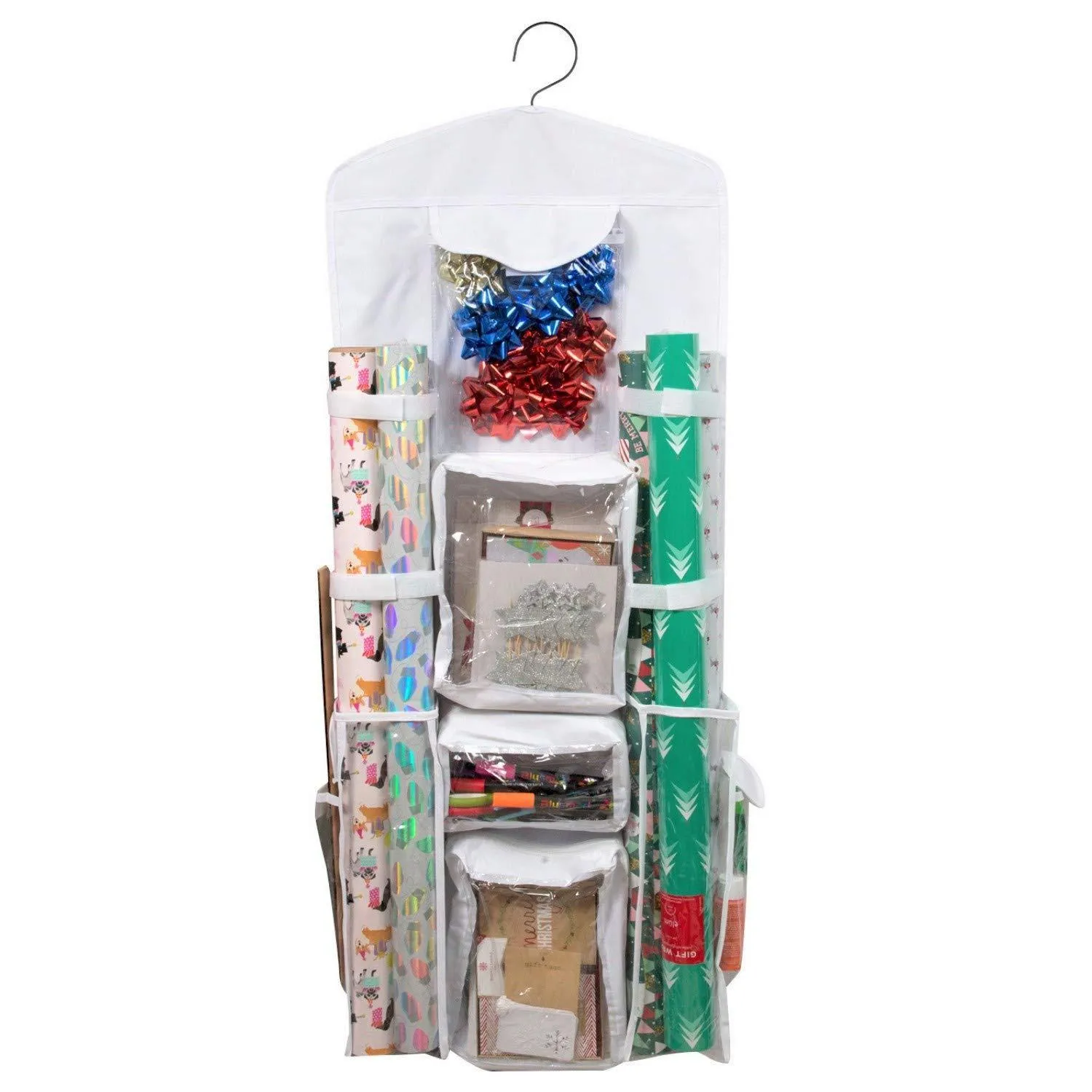 Houseables Wrapping Paper Storage, Gift Wrap Organizer, 10 Pockets, 43" x 17", White/Clear, Plastic, Home Closet Organization, Hanging Craft Holder, for Christmas Decorations, Ornaments, Ribbons