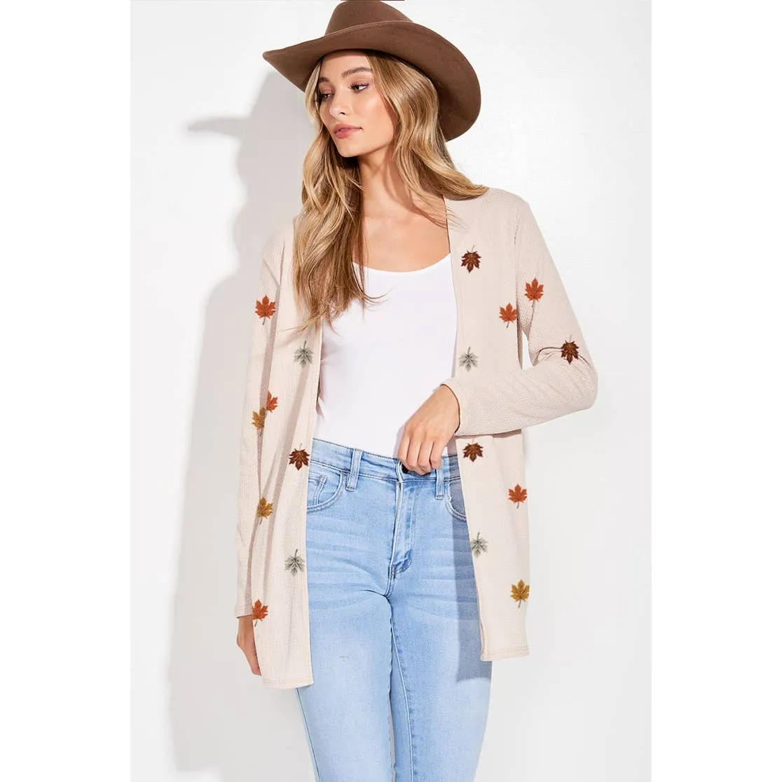 Leaves Print Knit Long Sleeve Cardigan