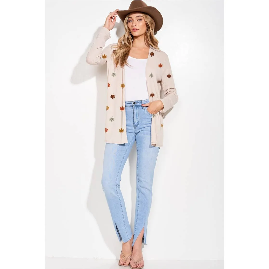 Leaves Print Knit Long Sleeve Cardigan