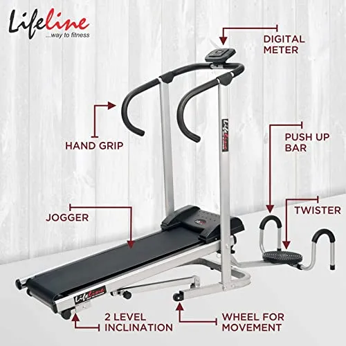 Life Line Fitness LT-202 Manual Treadmill 3in1 with a Twister and Push-up Stand & Walking and Running Foldable Multifunctional Jogger Machine 2 Level Inclination, Made in India, Black