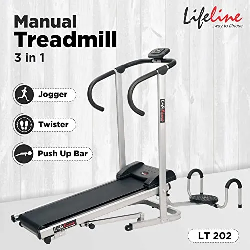 Life Line Fitness LT-202 Manual Treadmill 3in1 with a Twister and Push-up Stand & Walking and Running Foldable Multifunctional Jogger Machine 2 Level Inclination, Made in India, Black