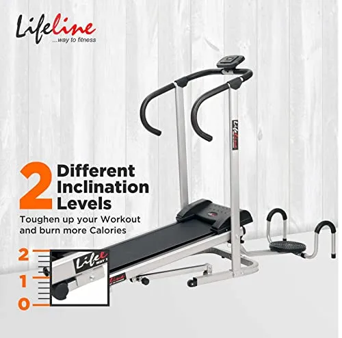 Life Line Fitness LT-202 Manual Treadmill 3in1 with a Twister and Push-up Stand & Walking and Running Foldable Multifunctional Jogger Machine 2 Level Inclination, Made in India, Black