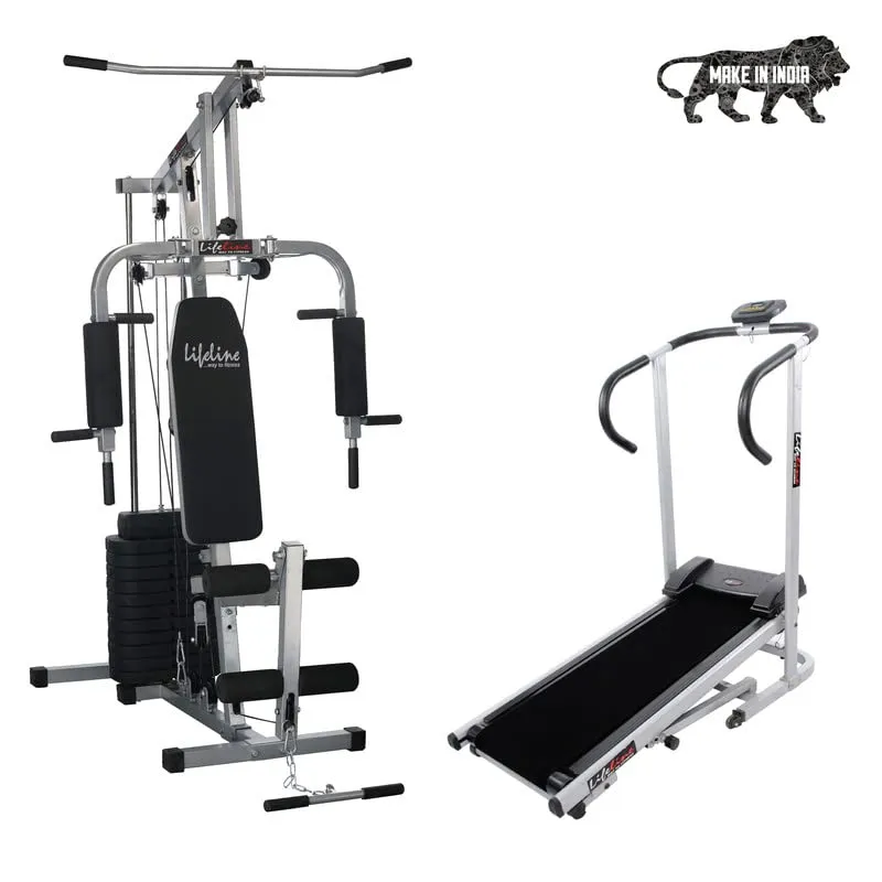 Lifeline Fitness HG-002 Multi Home Gym Combo with LT-201 Manual Treadmill for Home Gym Exercise with Cardio Weight Loss , 2 Level Inclination