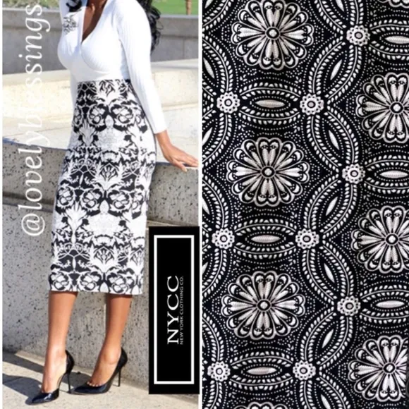 Long Pencil Skirt Floral Print Abstract Geometric Black White Pastel Rose Pink
