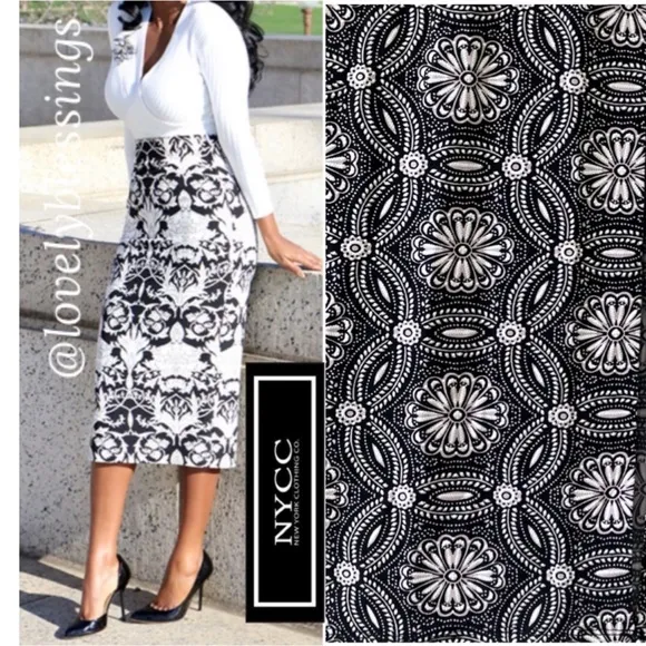 Long Pencil Skirt Floral Print Abstract Geometric Black White Pastel Rose Pink