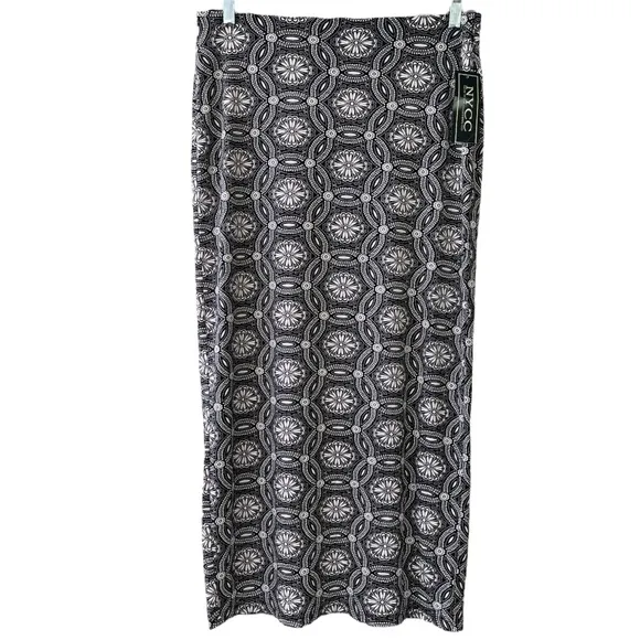 Long Pencil Skirt Floral Print Abstract Geometric Black White Pastel Rose Pink