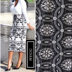 Long Pencil Skirt Floral Print Abstract Geometric Black White Pastel Rose Pink