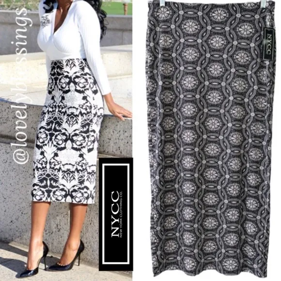 Long Pencil Skirt Floral Print Abstract Geometric Black White Pastel Rose Pink