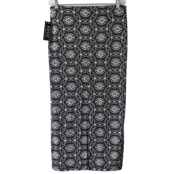 Long Pencil Skirt Floral Print Abstract Geometric Black White Pastel Rose Pink