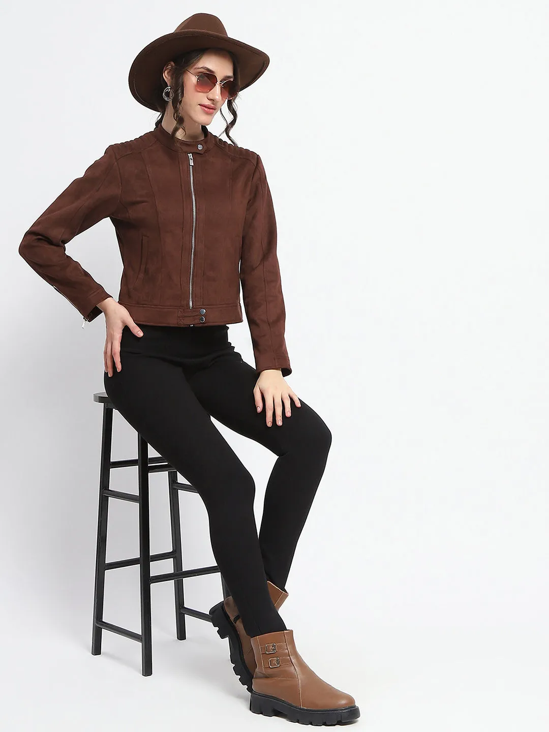 Madame Flap Collared Coffee Suede Jacket