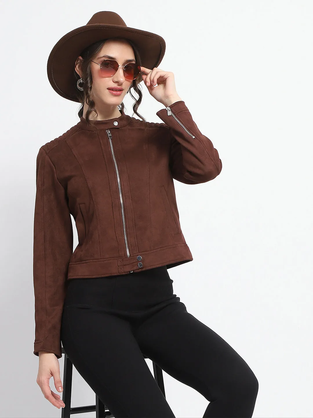 Madame Flap Collared Coffee Suede Jacket