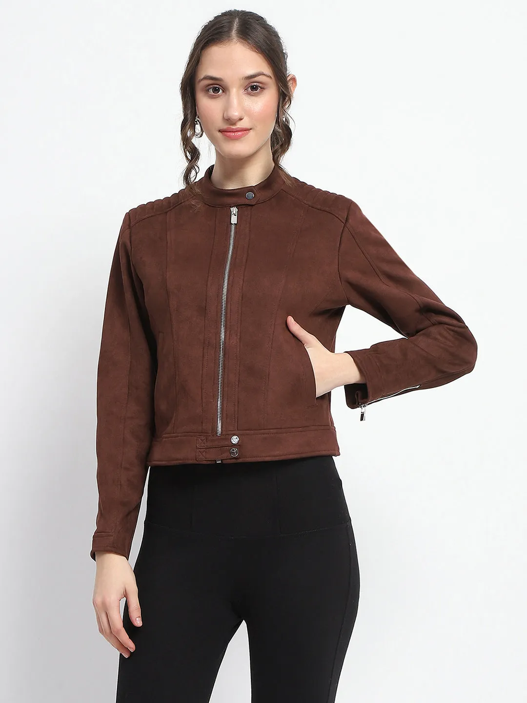 Madame Flap Collared Coffee Suede Jacket