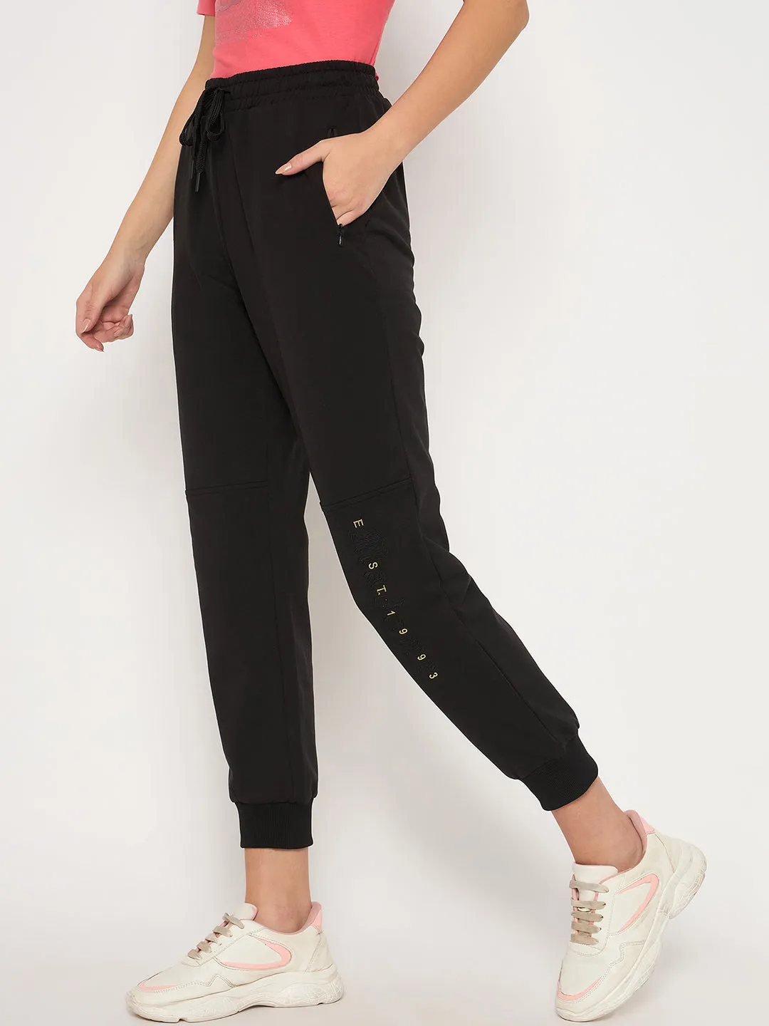 Madame Knit Reverse Panels Solid Black Jogger Style Track Bottoms For Women