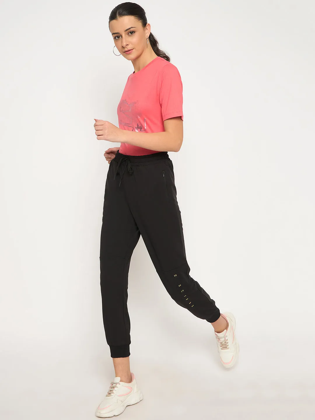 Madame Knit Reverse Panels Solid Black Jogger Style Track Bottoms For Women