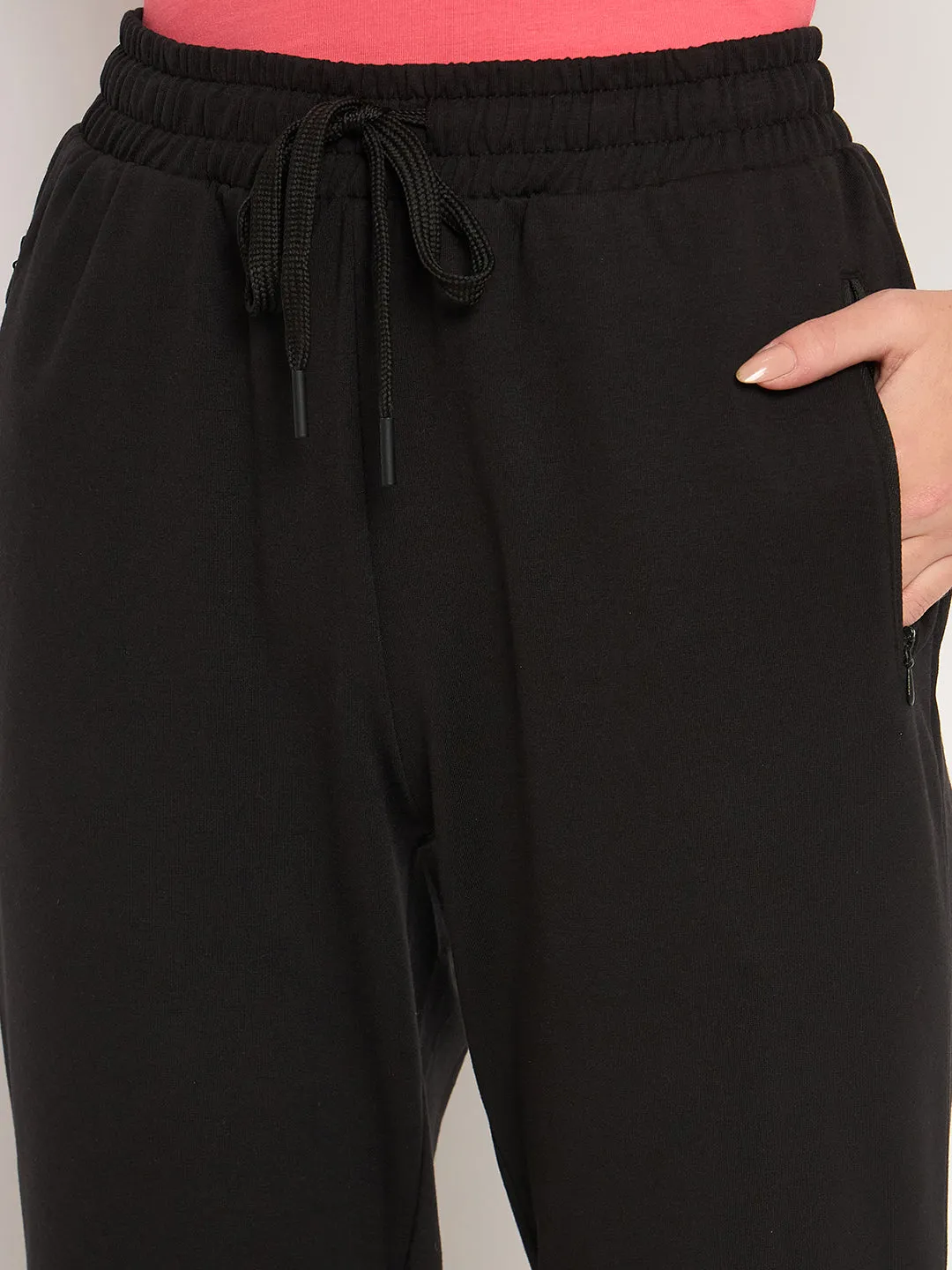 Madame Knit Reverse Panels Solid Black Jogger Style Track Bottoms For Women