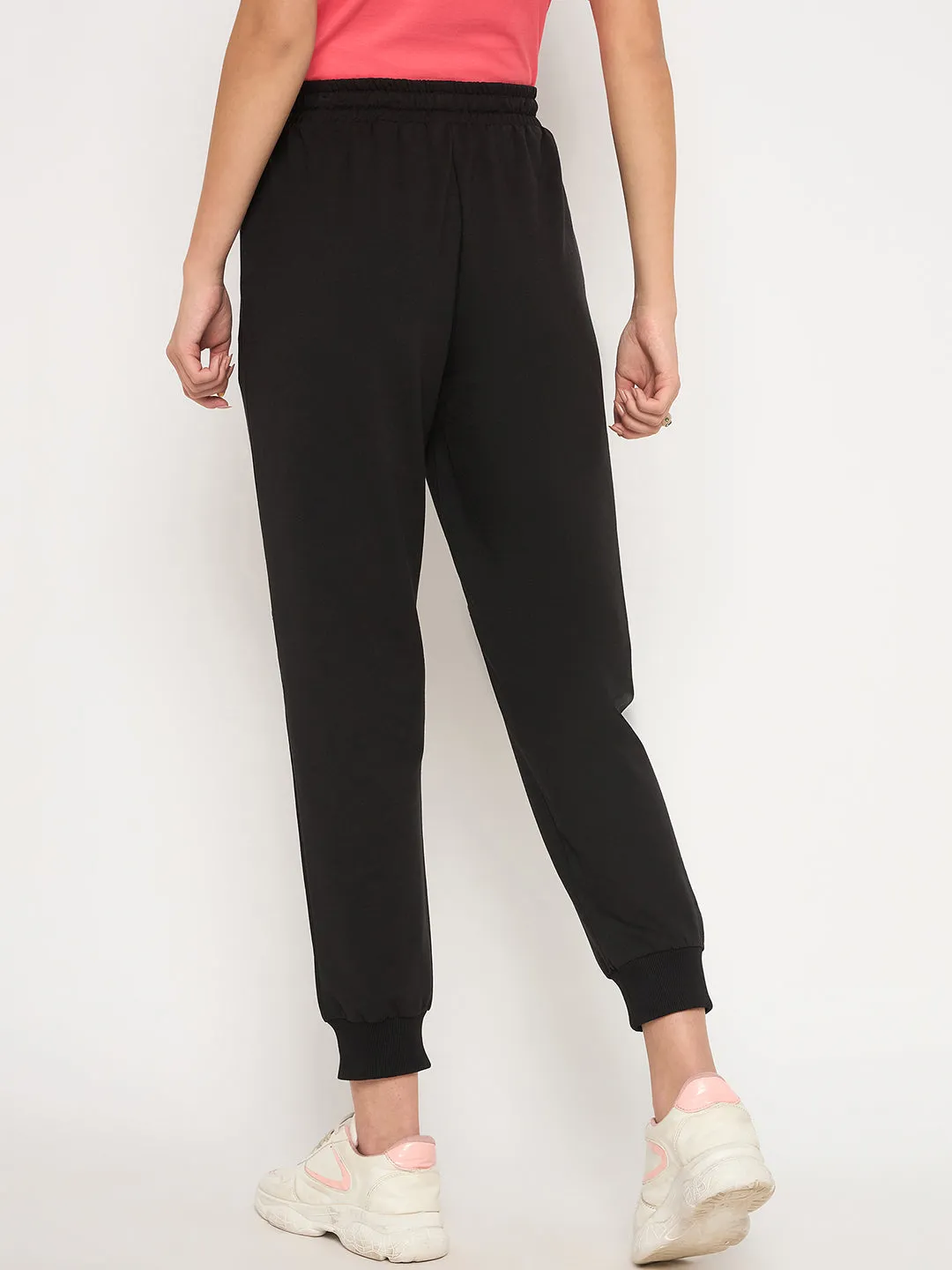 Madame Knit Reverse Panels Solid Black Jogger Style Track Bottoms For Women
