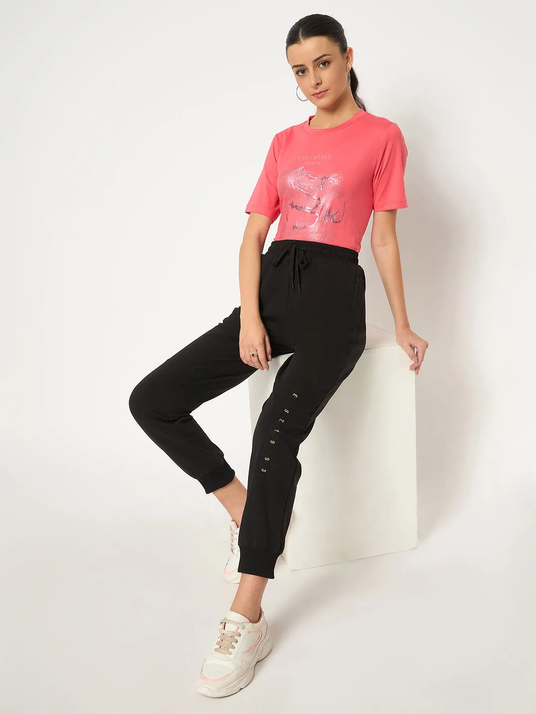 Madame Knit Reverse Panels Solid Black Jogger Style Track Bottoms For Women
