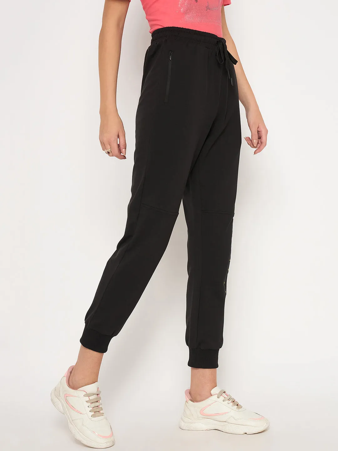 Madame Knit Reverse Panels Solid Black Jogger Style Track Bottoms For Women