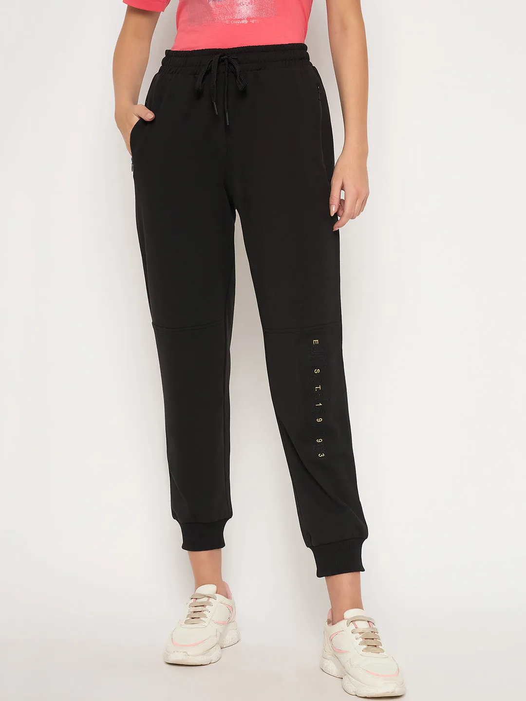 Madame Knit Reverse Panels Solid Black Jogger Style Track Bottoms For Women