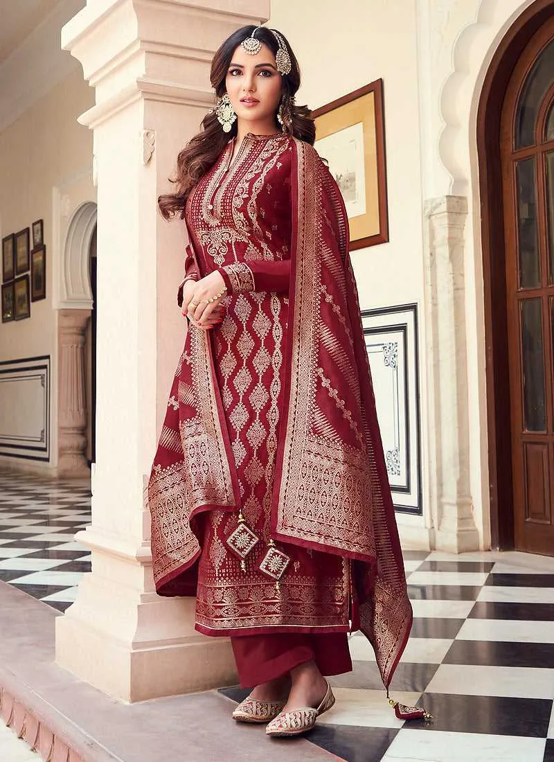 Maroon and Gold Embroidered Pant Style Suit
