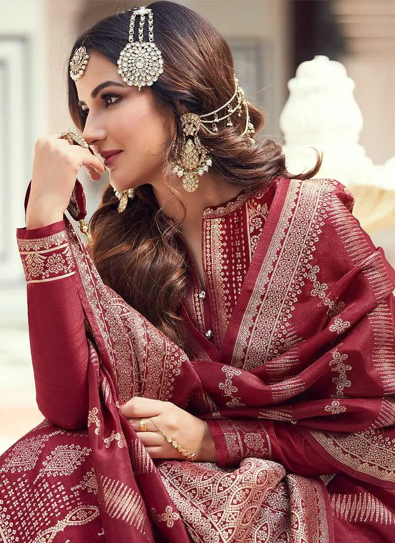 Maroon and Gold Embroidered Pant Style Suit