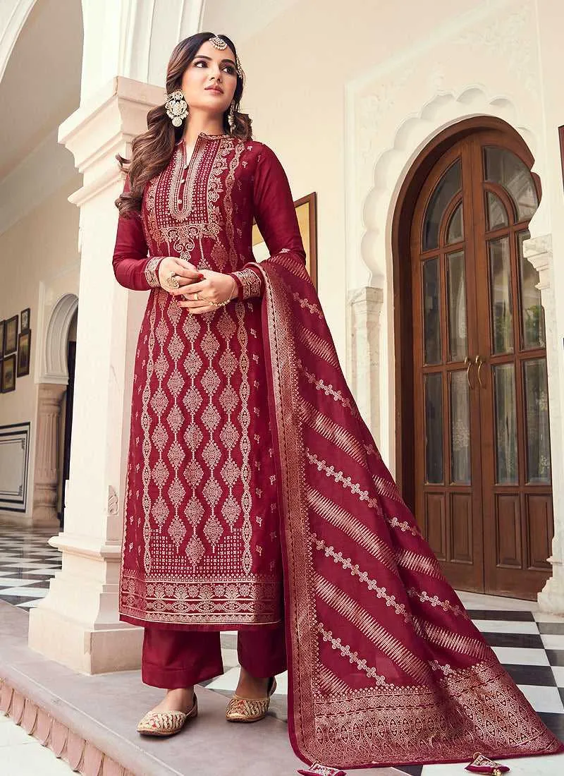 Maroon and Gold Embroidered Pant Style Suit