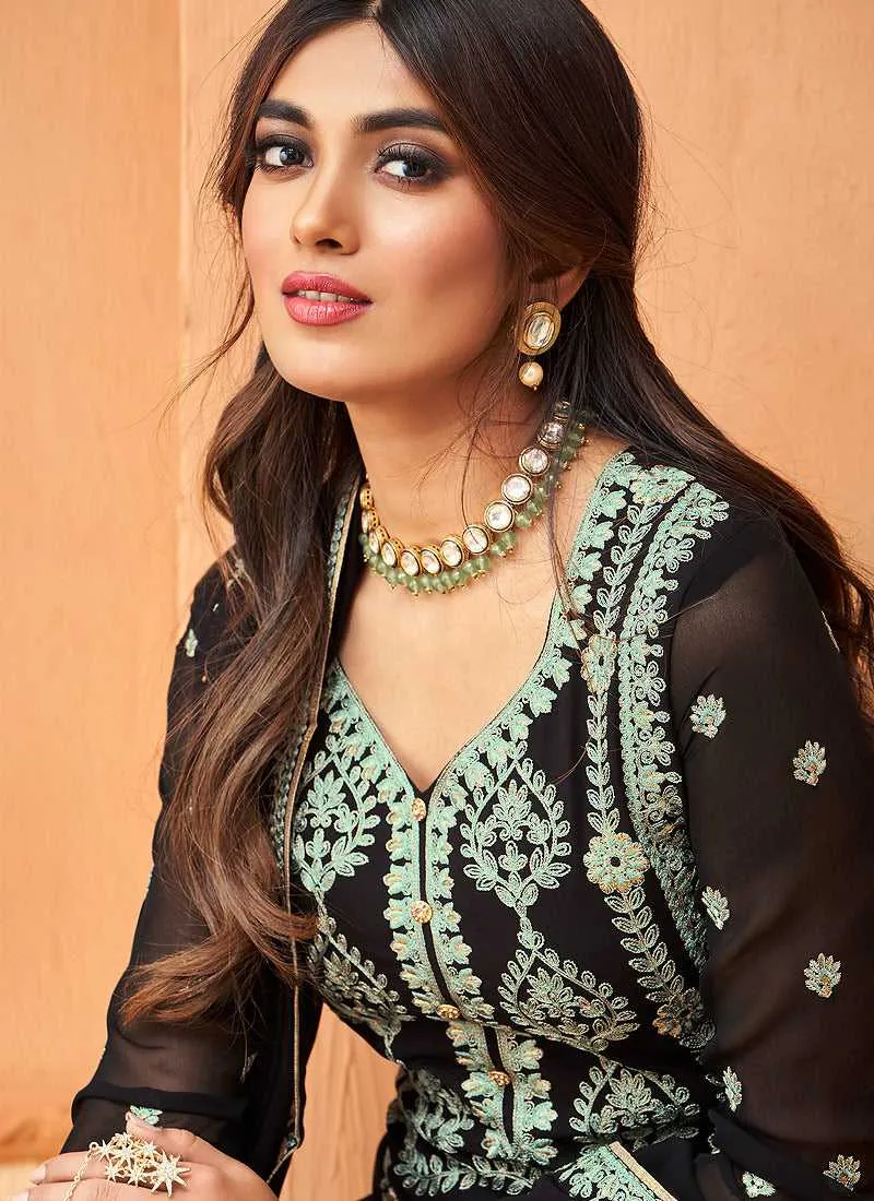 Matt Black Embroidered Straight Pant Style Suit