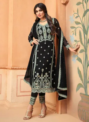 Matt Black Embroidered Straight Pant Style Suit