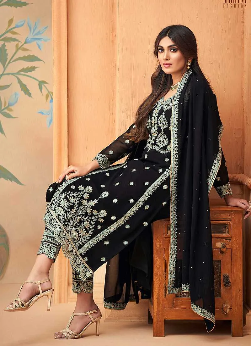 Matt Black Embroidered Straight Pant Style Suit