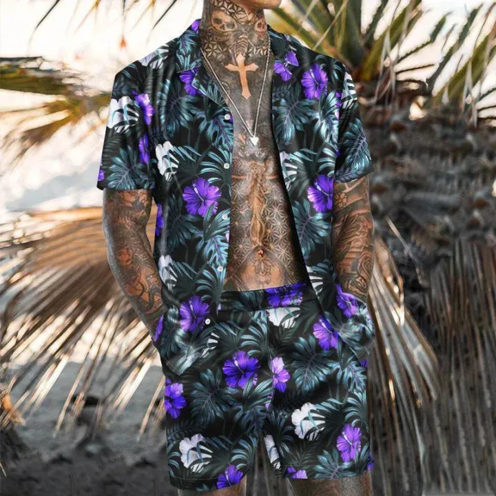 Men Purple Casual Floral Print Short Sleeve Set