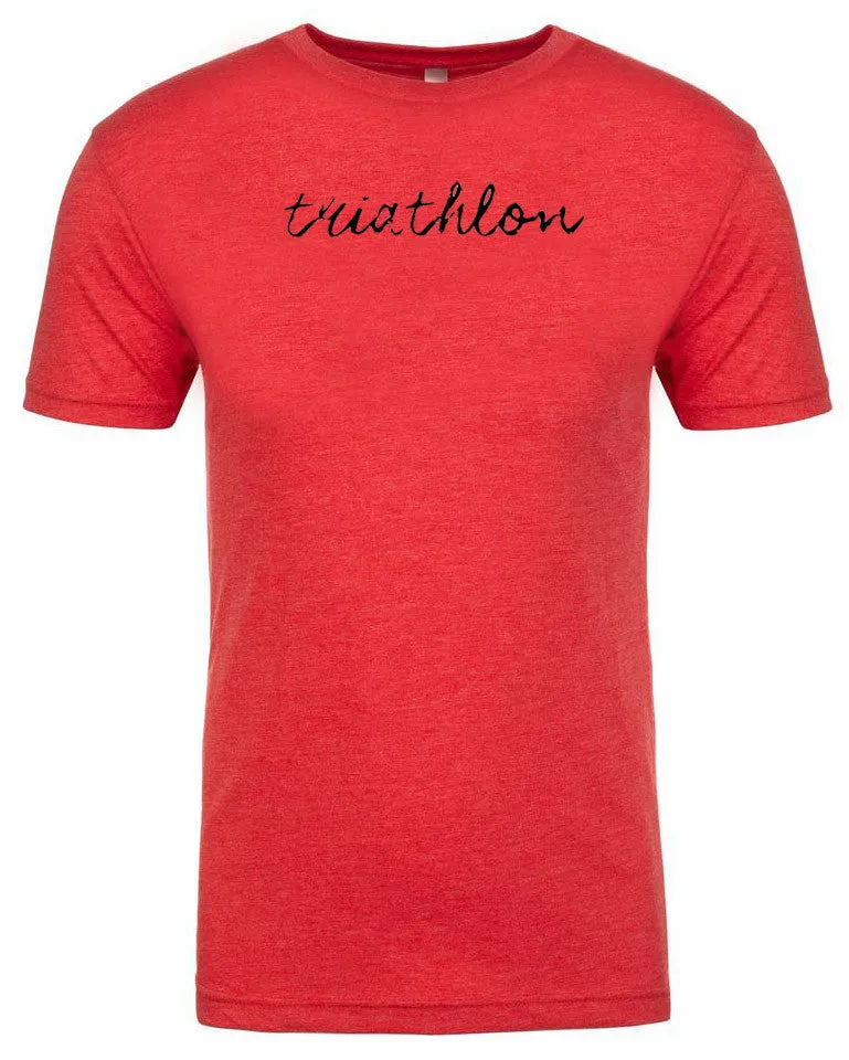 Men's short sleeve triathlon tshirt "triathlon" black ink on red by Endurance Apparel