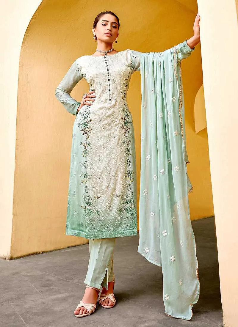 Mint Floral Print Embroidered Straight Pant Suit
