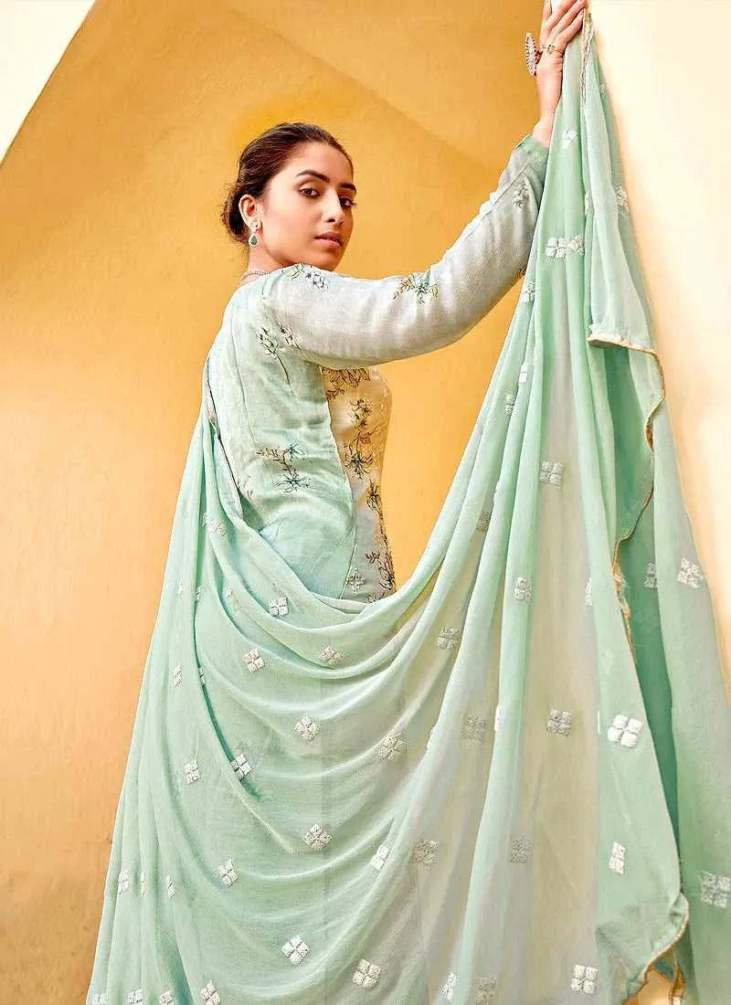 Mint Floral Print Embroidered Straight Pant Suit