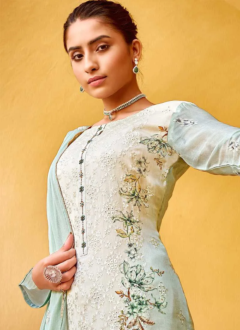 Mint Floral Print Embroidered Straight Pant Suit