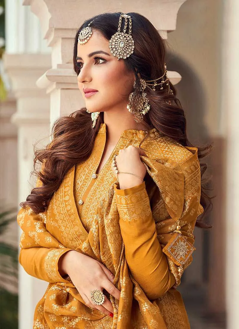 Mustard and Gold Embroidered Pant Style Suit