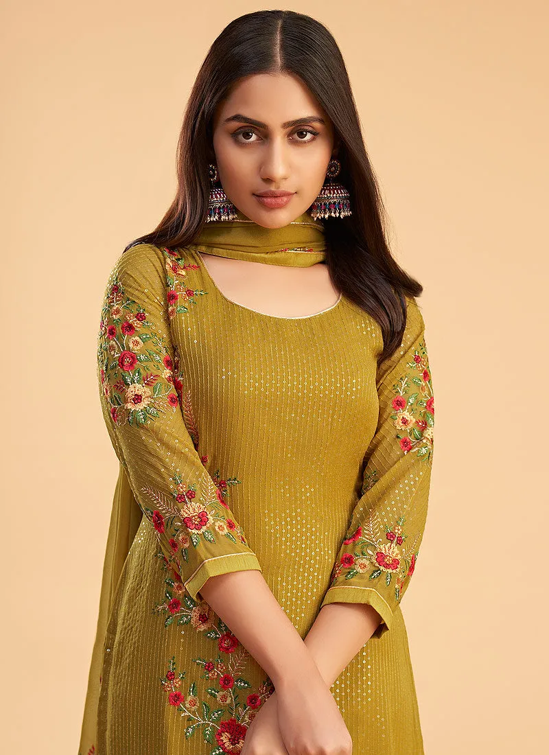 Mustard Sequins Embroidered Pant Style Suit