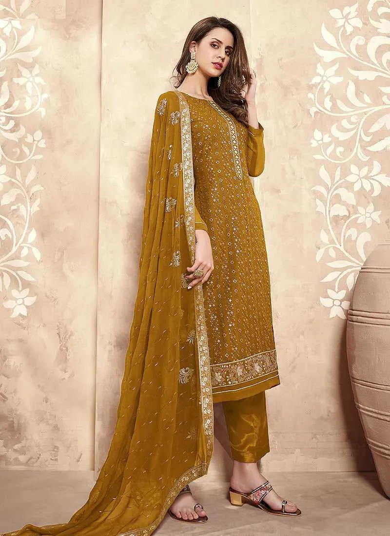 Mustard Straight Cut Embroidered Pant Style Suit