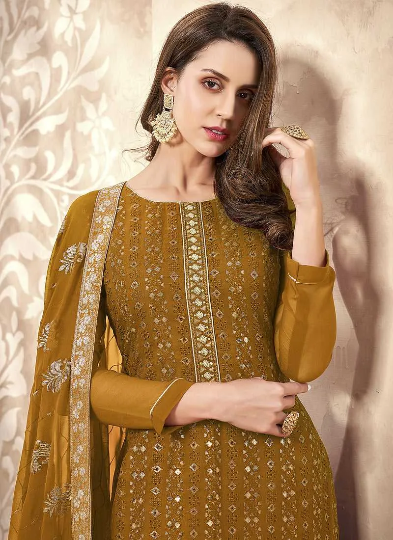 Mustard Straight Cut Embroidered Pant Style Suit