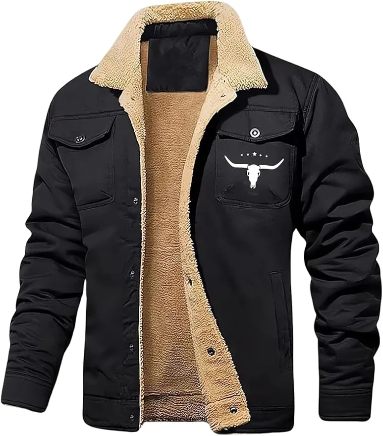New Mens Winter Western Fleece Jackets Sherpa Lined Cowboy Button down Jacket Trendy Casual Thermal Lapel Trucker Coats Black, Sz XXL
