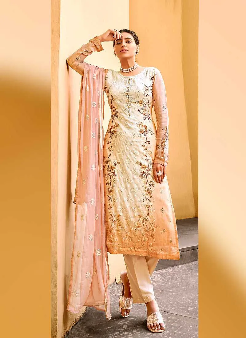Orange Floral Print Embroidered Straight Pant Suit