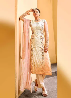 Orange Floral Print Embroidered Straight Pant Suit