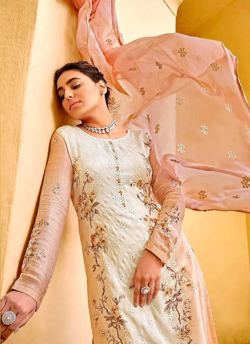 Orange Floral Print Embroidered Straight Pant Suit