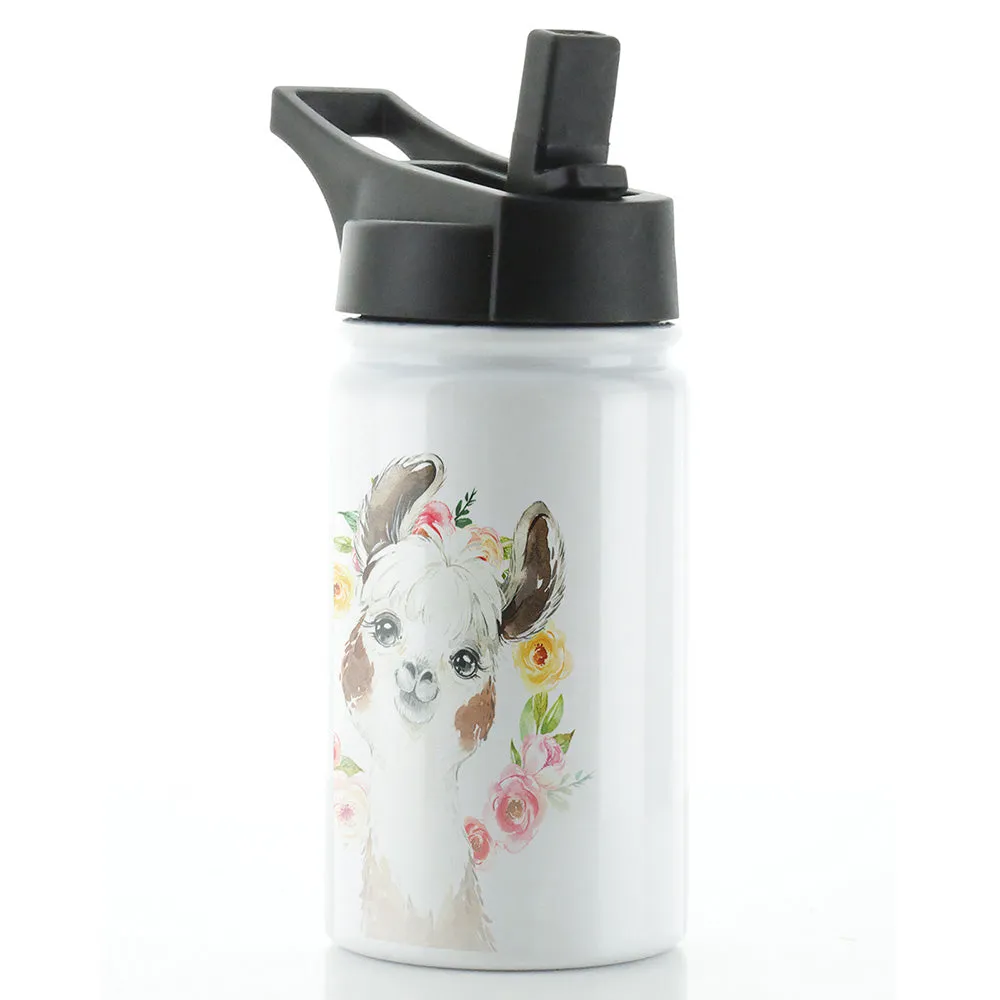 Personalised Alpaca Flower and Name White Sports Flask