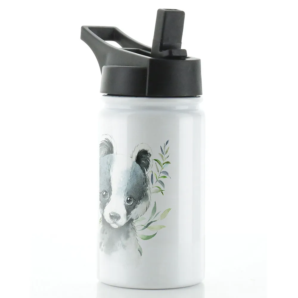 Personalised Badger Leaves and Name White Sports Flask