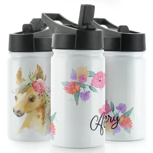 Personalised Palomino Flower and Name White Sports Flask
